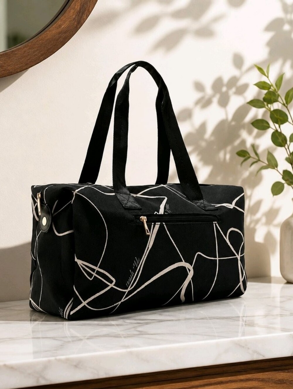 Mali + Lilli Black Canvas Tote Abstract White Lines #PUR11